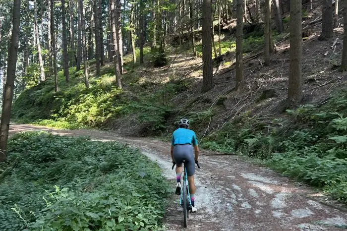 Gravel cyclist riding a shaded forest road through Vallombrosa on the La Leonessa gravel route in Tuscany